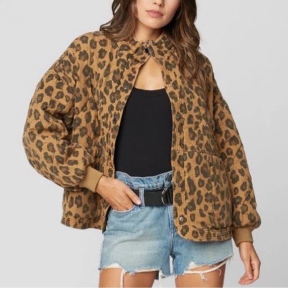 Blank NYC Tan Brown Black Spotted Leopard Quilted Button Up Bomber Jacket S - Picture 1 of 9